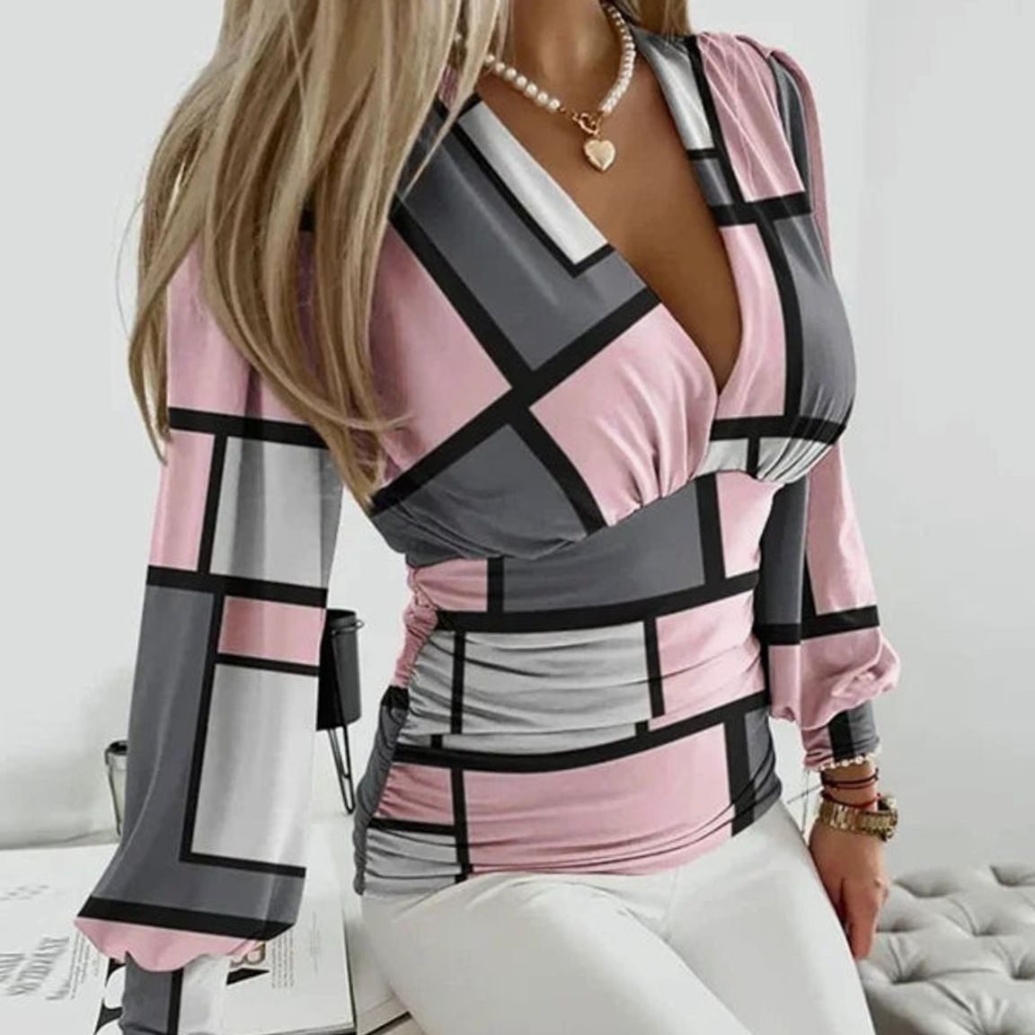 Eleanor | Women's Deep V-Neck Ruched Waist Blouse Long Sleeve Fitted Top