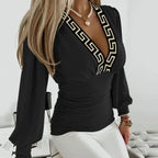 Eleanor | Women's Deep V-Neck Ruched Waist Blouse Long Sleeve Fitted Top