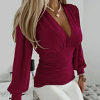 Eleanor | Women's Deep V-Neck Ruched Waist Blouse Long Sleeve Fitted Top