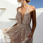 Layla | Women's Deep V-Neck Sequin Halter Cocktail Dress Flowing Skirt
