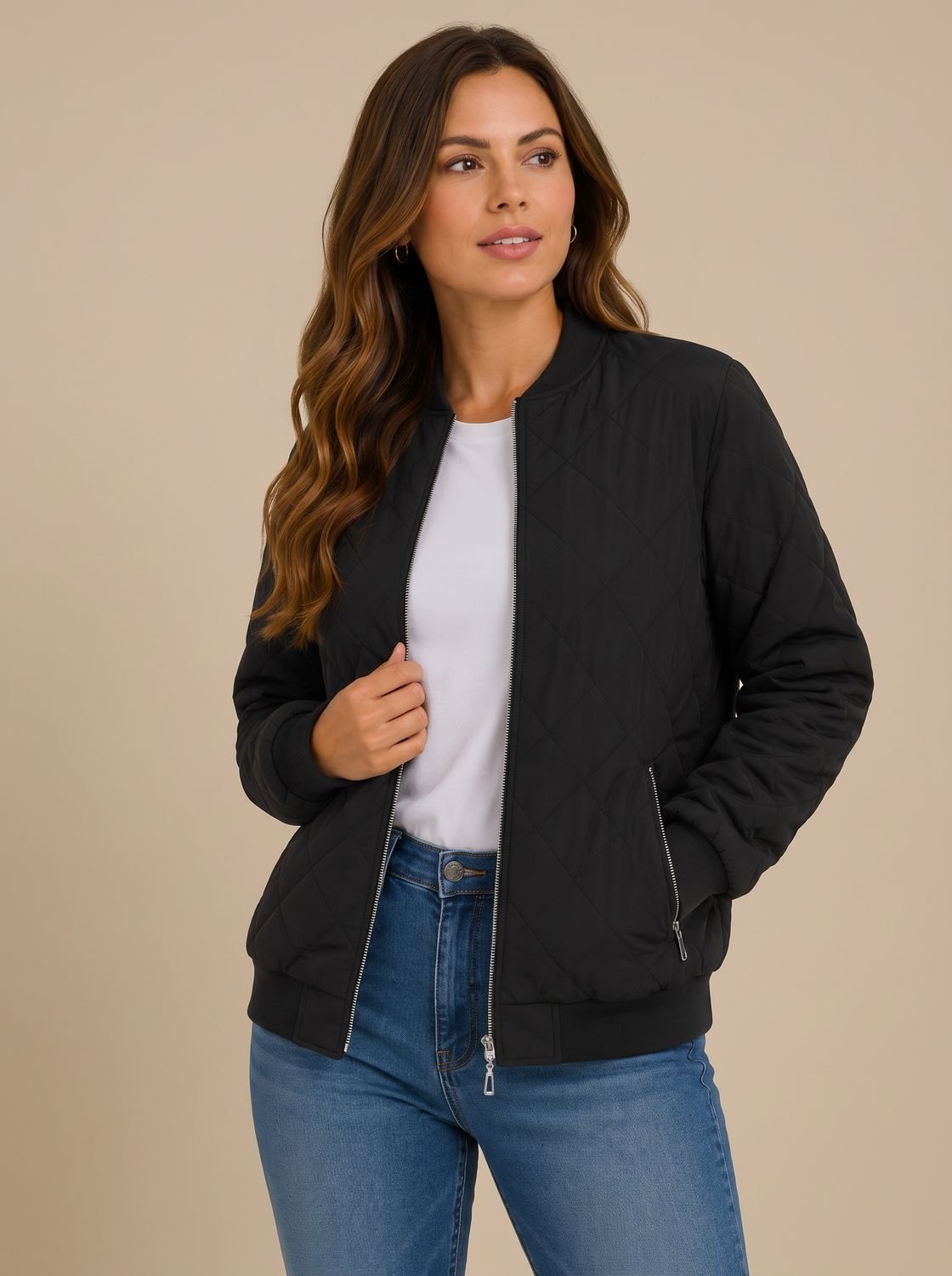 Aria | Women's Diamond Quilted Bomber Jacket with Pockets
