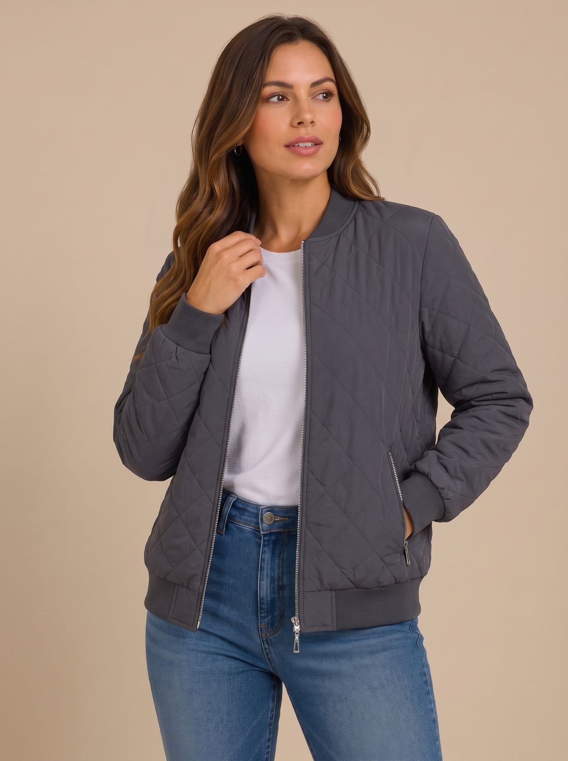 Aria | Women's Diamond Quilted Bomber Jacket with Pockets