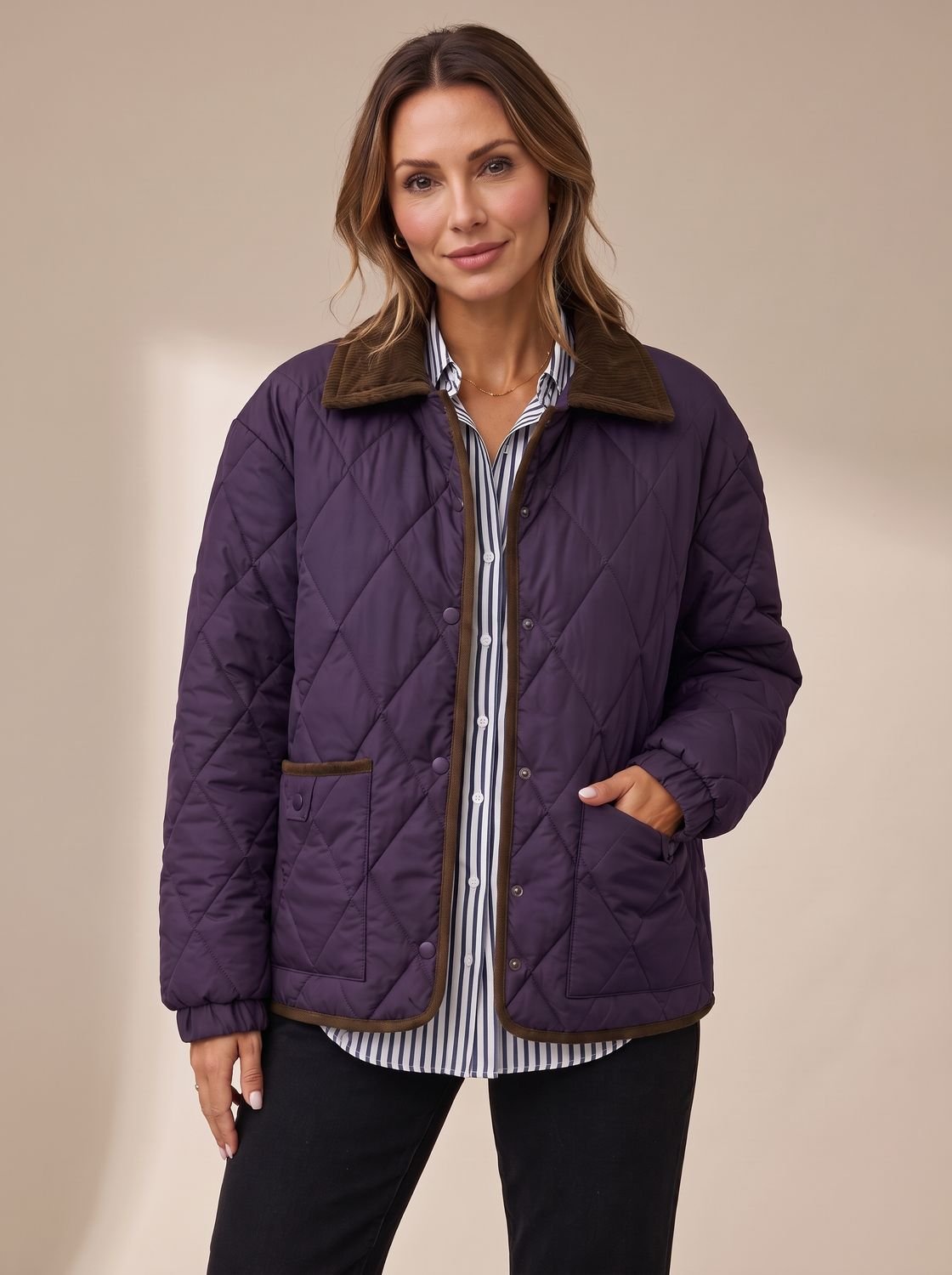 Scarlett | Women's Diamond Quilted Corduroy-Collar Snap-Front Jacket
