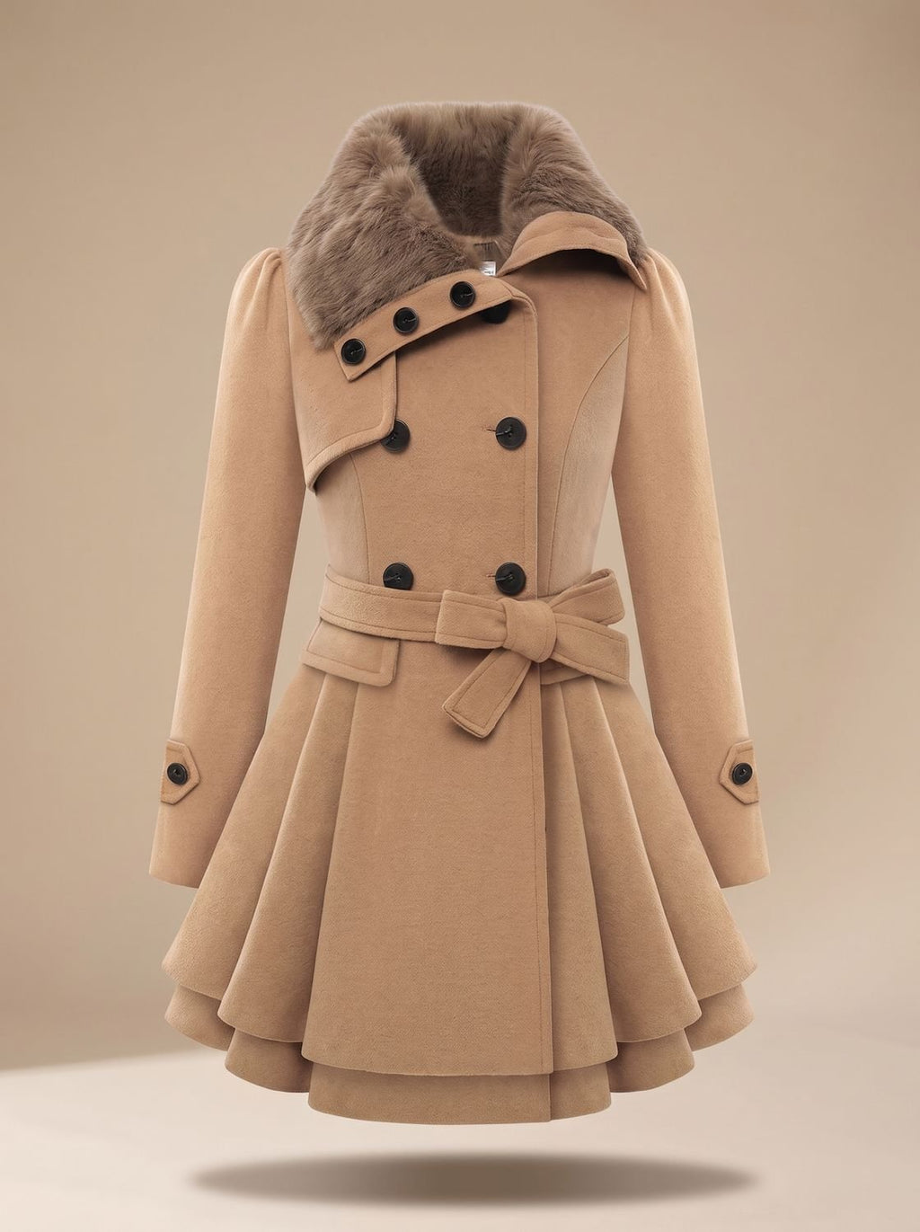 Grace | Women's Double-Breasted Faux Fur Collar Belted Wool-Blend Coat