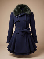 Grace | Women's Double-Breasted Faux Fur Collar Belted Wool-Blend Coat