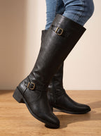 Grace | Women's Double Buckle Knee High Boots Low Block Heel