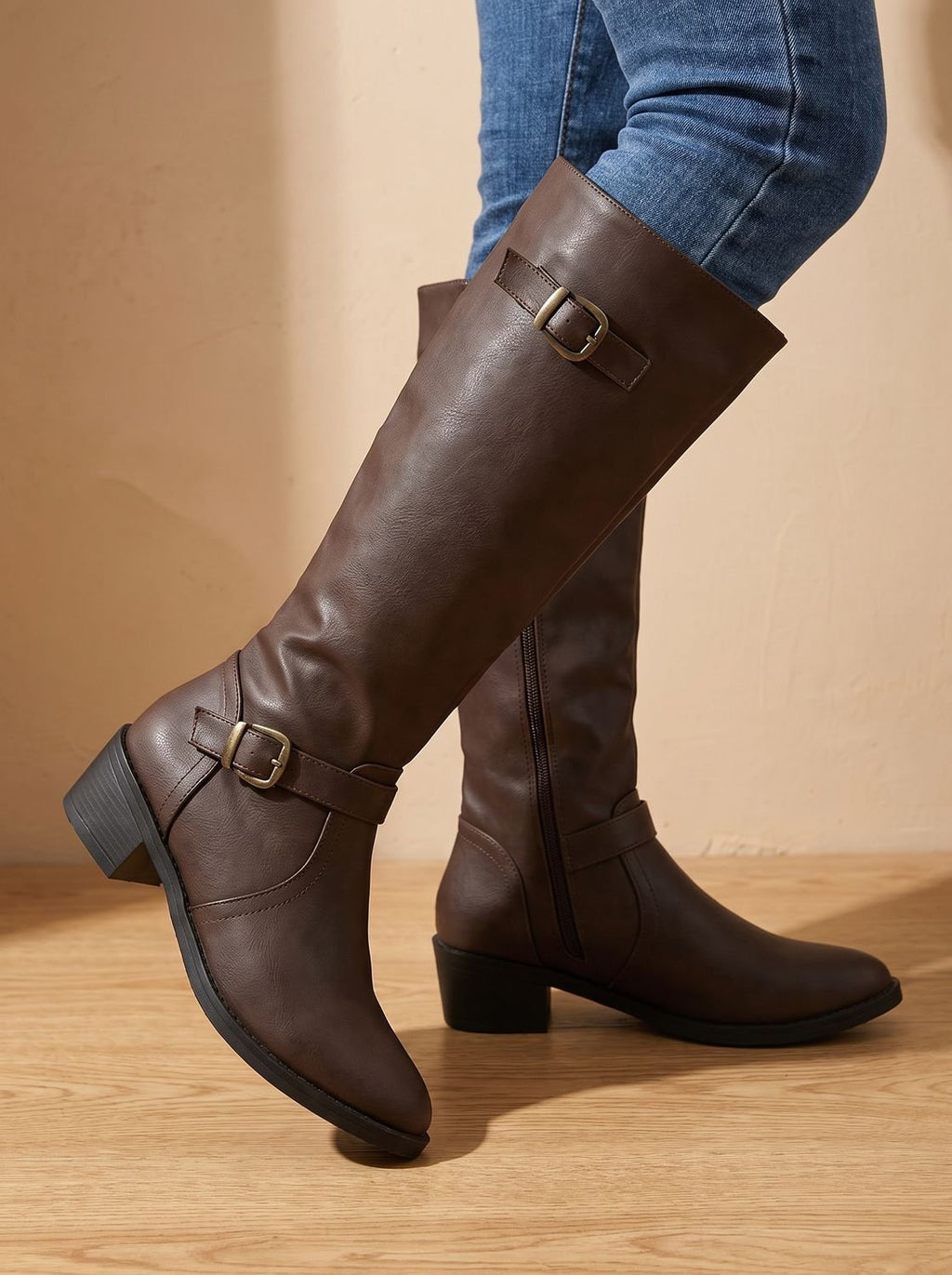 Grace | Women's Double Buckle Knee High Boots Low Block Heel