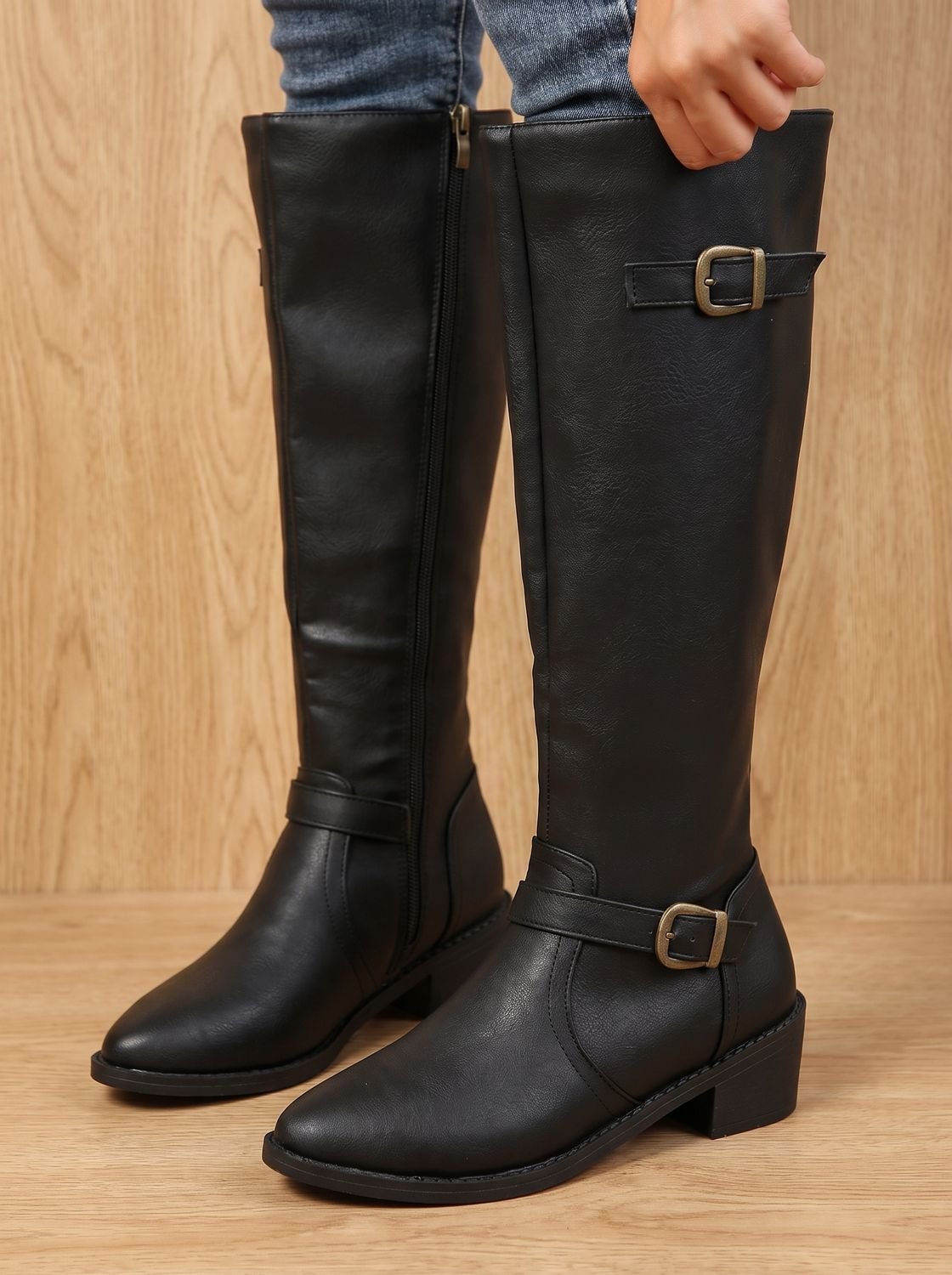 Grace | Women's Double Buckle Knee High Boots Low Block Heel