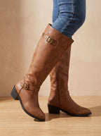 Grace | Women's Double Buckle Knee High Boots Low Block Heel