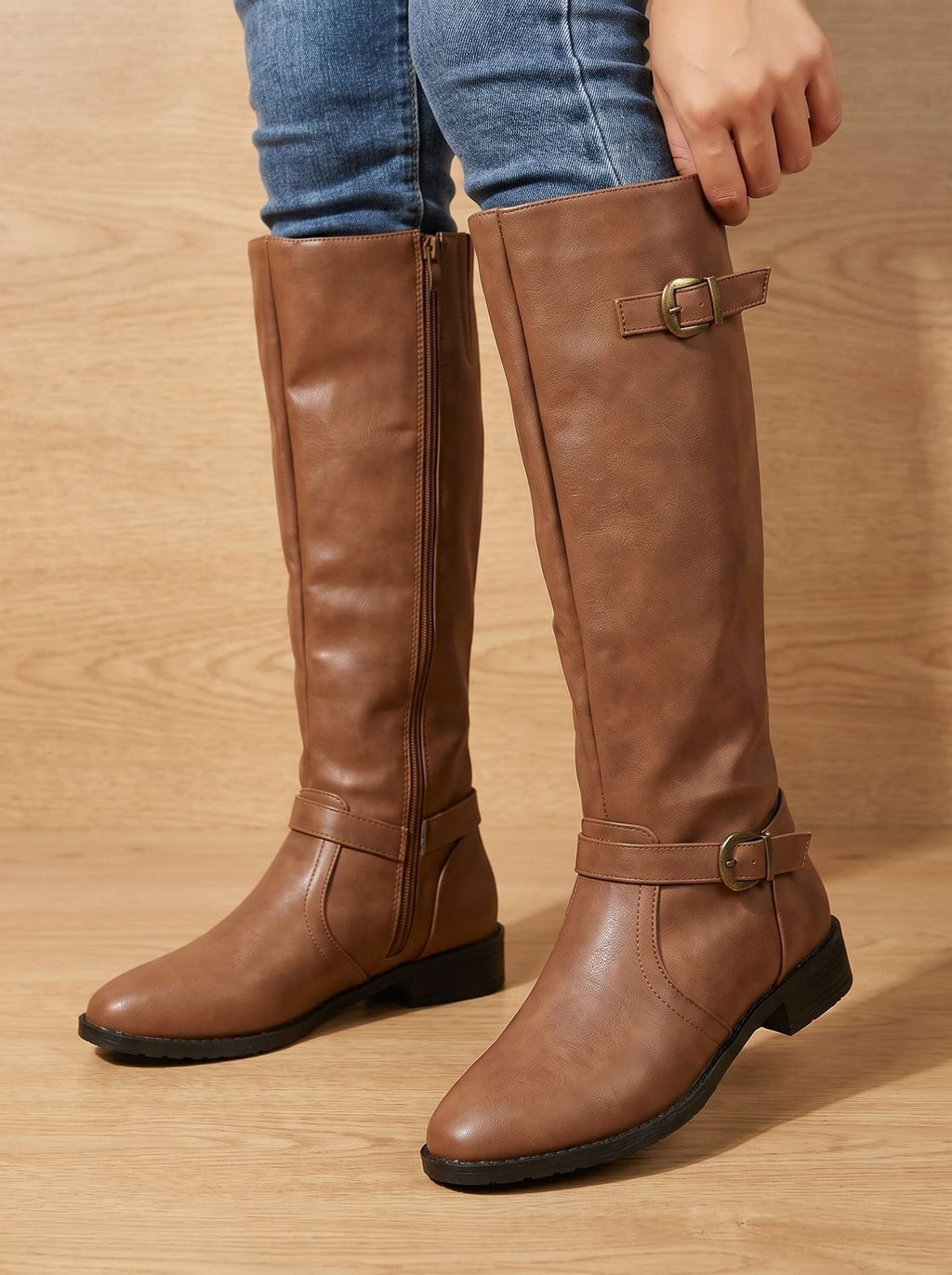 Grace | Women's Double Buckle Knee High Boots Low Block Heel
