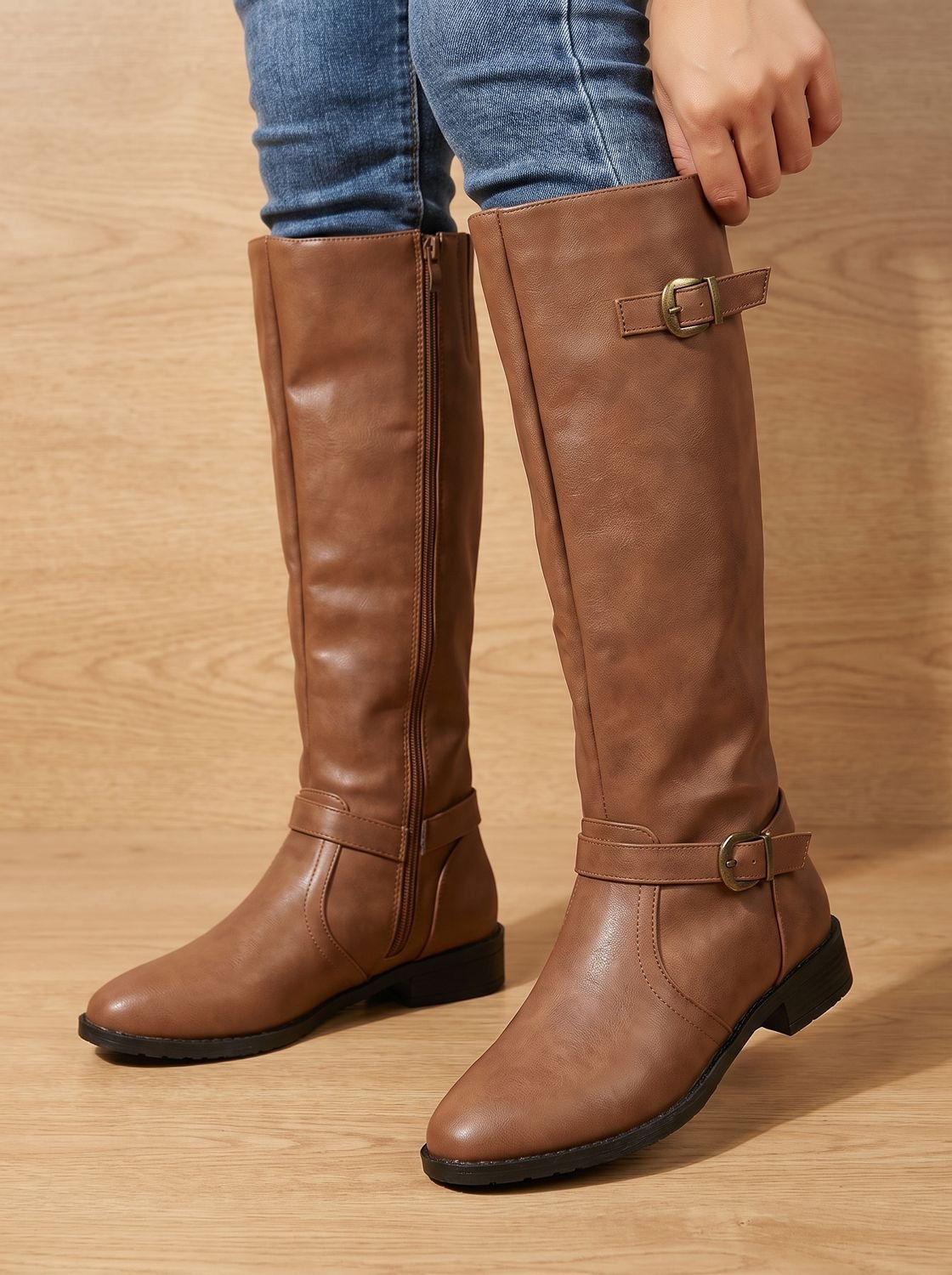 Grace | Women's Double Buckle Knee High Boots Low Block Heel