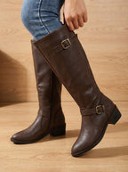 Grace | Women's Double Buckle Knee High Boots Low Block Heel