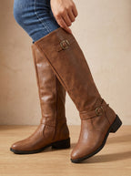 Grace | Women's Double Buckle Knee High Boots Low Block Heel