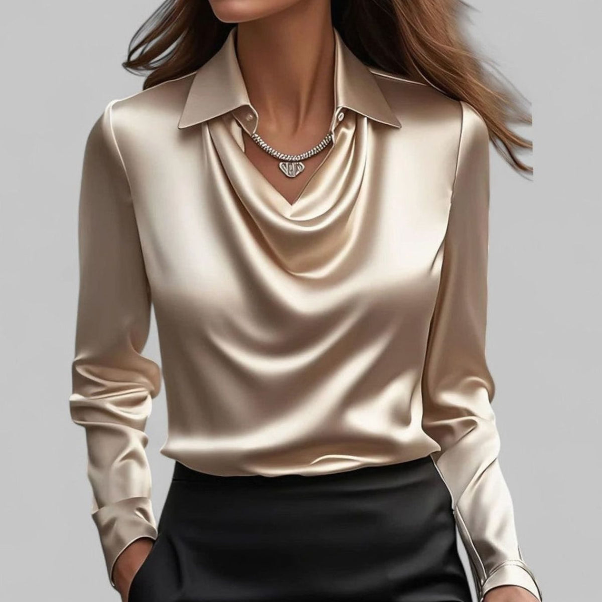 Madison | Women's Draped Cowl-Neck Long Sleeve Satin Blouses
