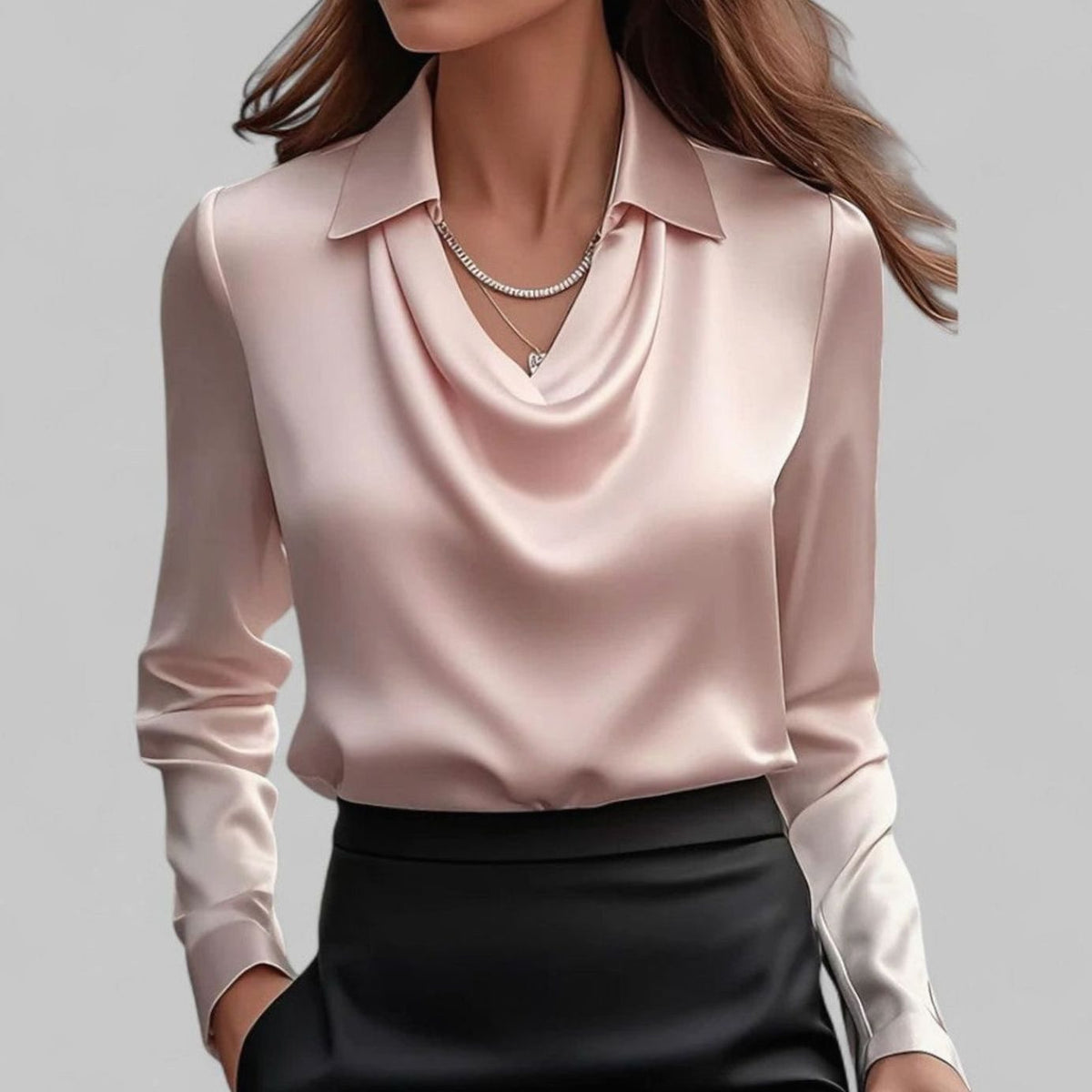 Madison | Women's Draped Cowl-Neck Long Sleeve Satin Blouses