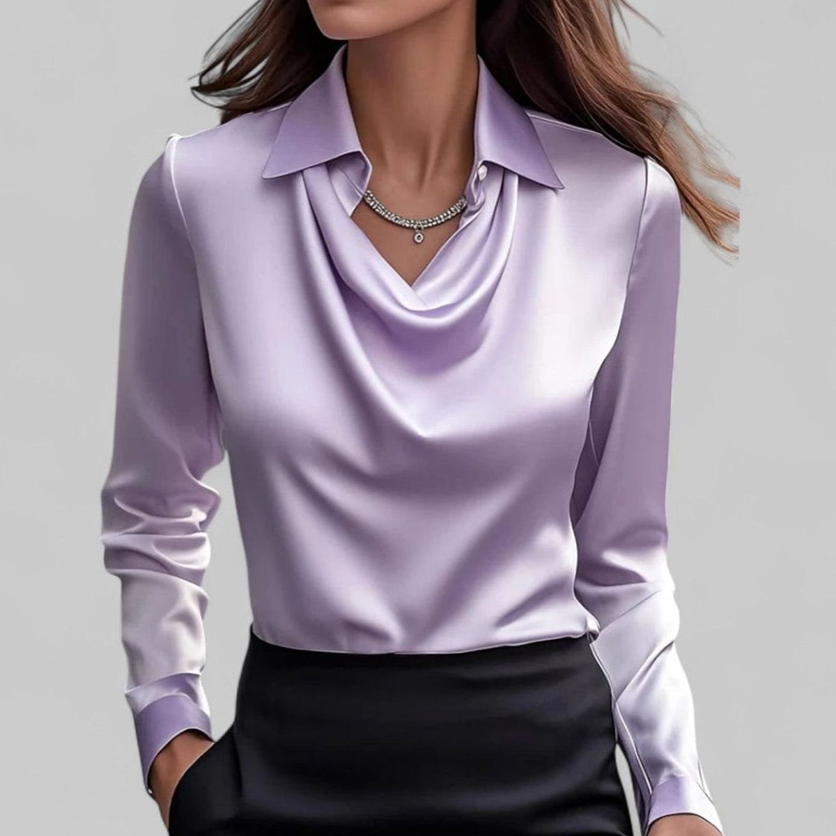 Madison | Women's Draped Cowl-Neck Long Sleeve Satin Blouses