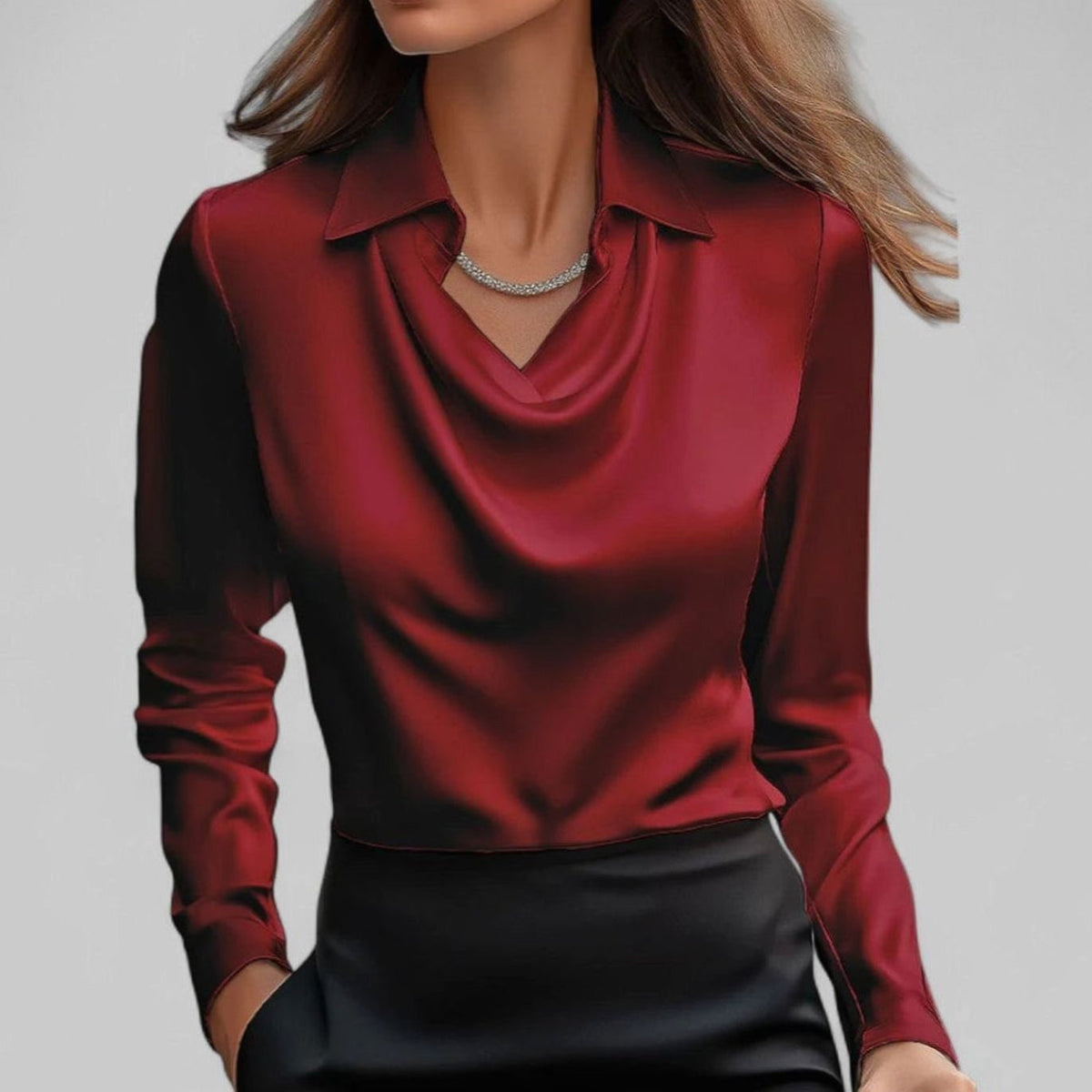 Madison | Women's Draped Cowl-Neck Long Sleeve Satin Blouses