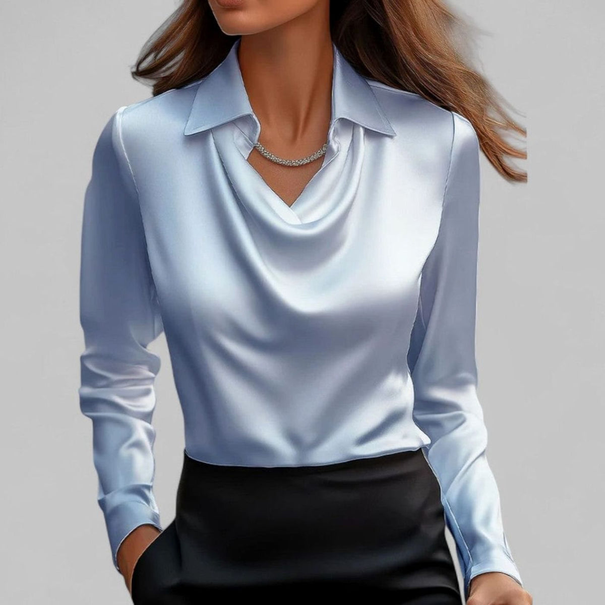 Madison | Women's Draped Cowl-Neck Long Sleeve Satin Blouses
