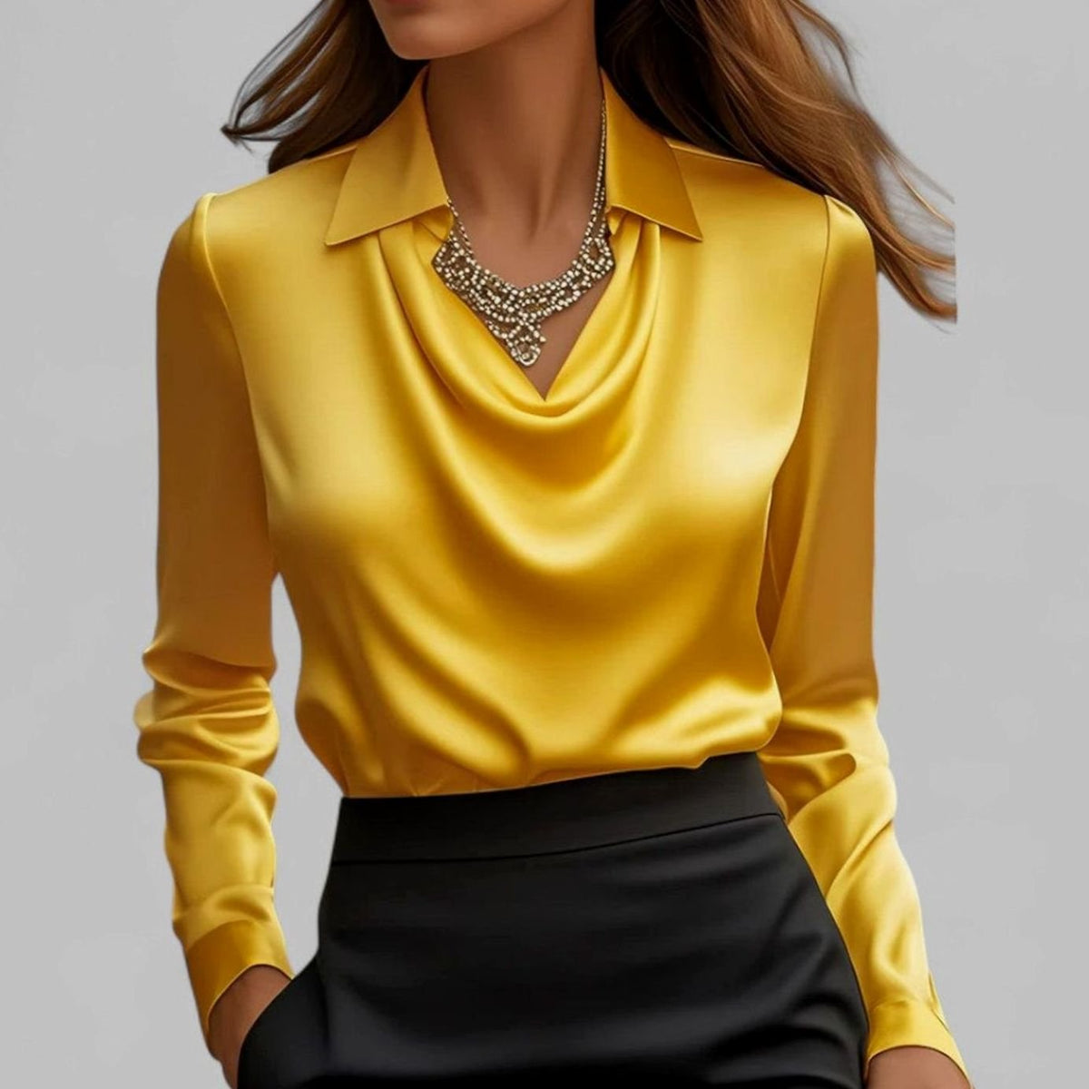 Madison | Women's Draped Cowl-Neck Long Sleeve Satin Blouses