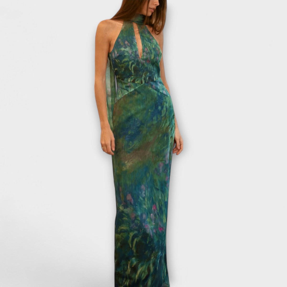 Luna | Women's Dress Monet Iris Print Halter Neck Chiffon Maxi Gown