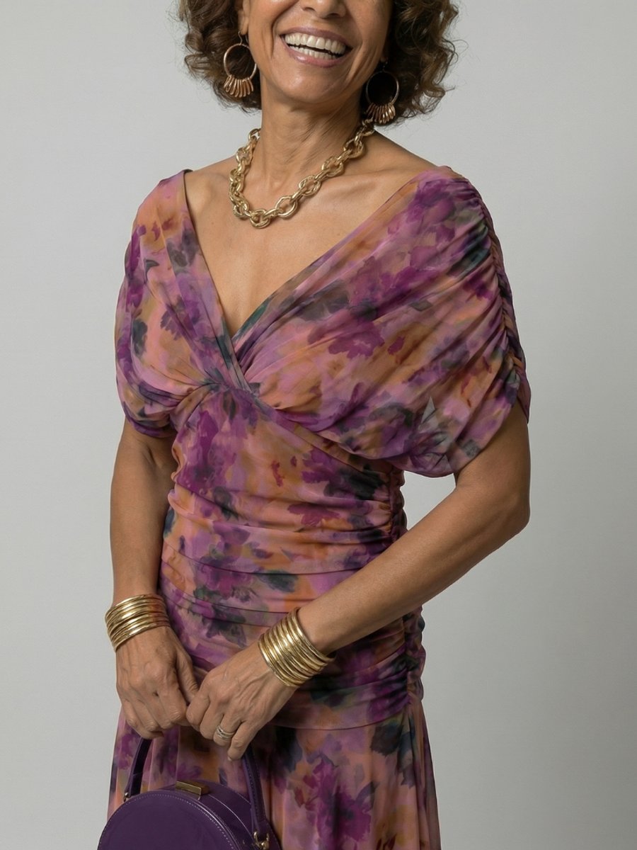 Emma | Women's Dress Off-Shoulder Draped-Neckline Floral Midi