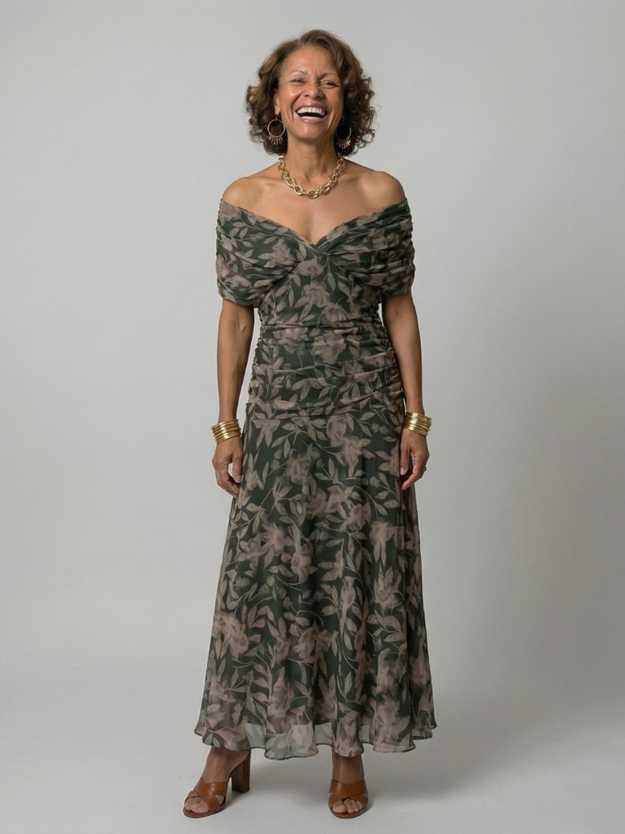 Emma | Women's Dress Off-Shoulder Draped-Neckline Floral Midi