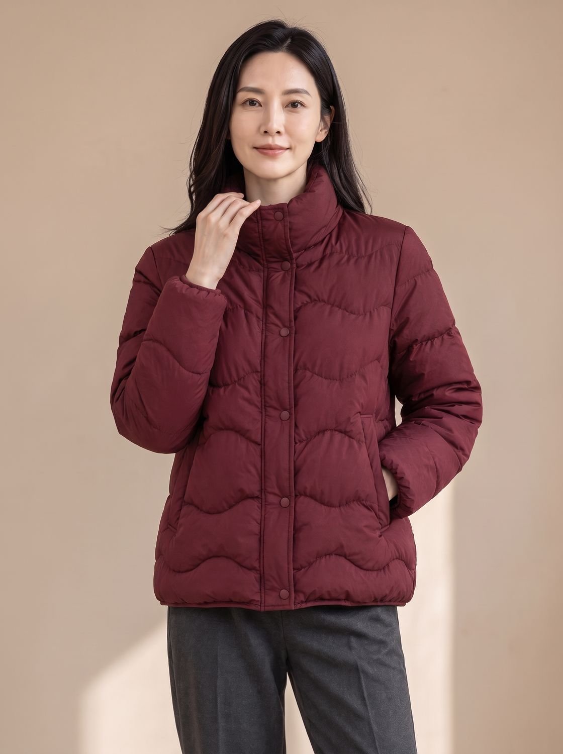 Penelope | Women's Duck-Down Quilted Puffer Jacket Stand Collar Snap-Front