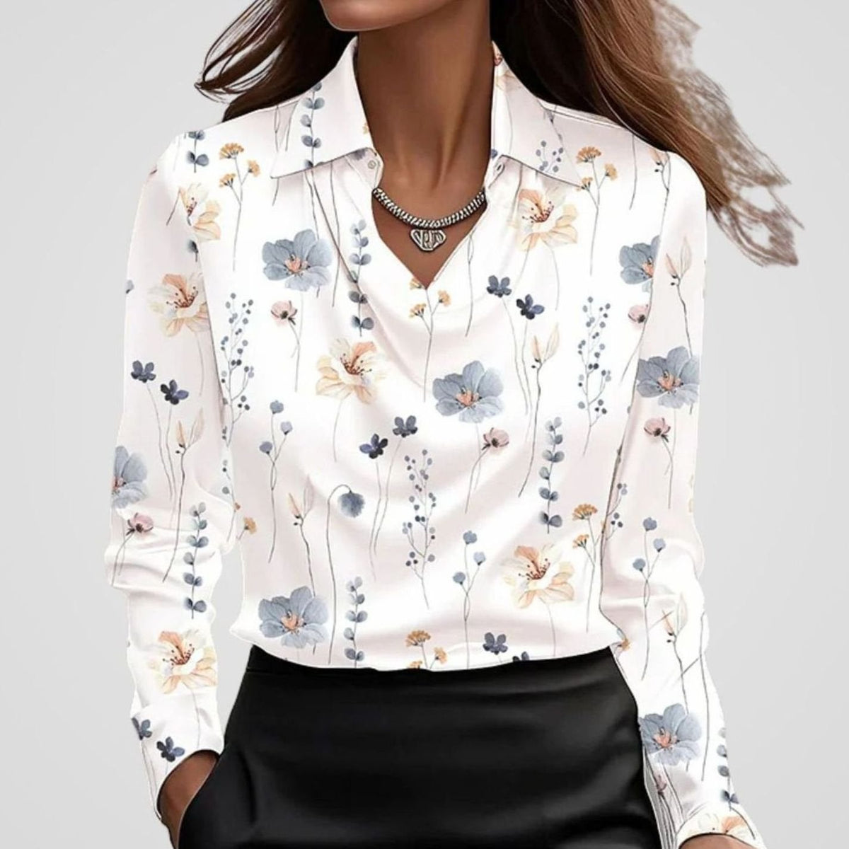 Luna | Women's Elegant Draped-Neck Long-Sleeve Satin Blouse