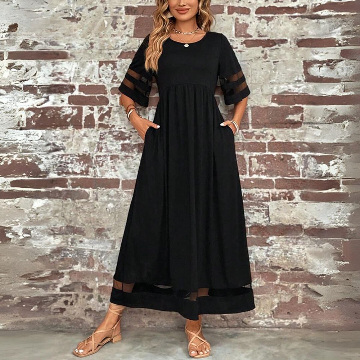 Layla | Women's Empire-Waist Mesh-Panel Elegant Dress Midi