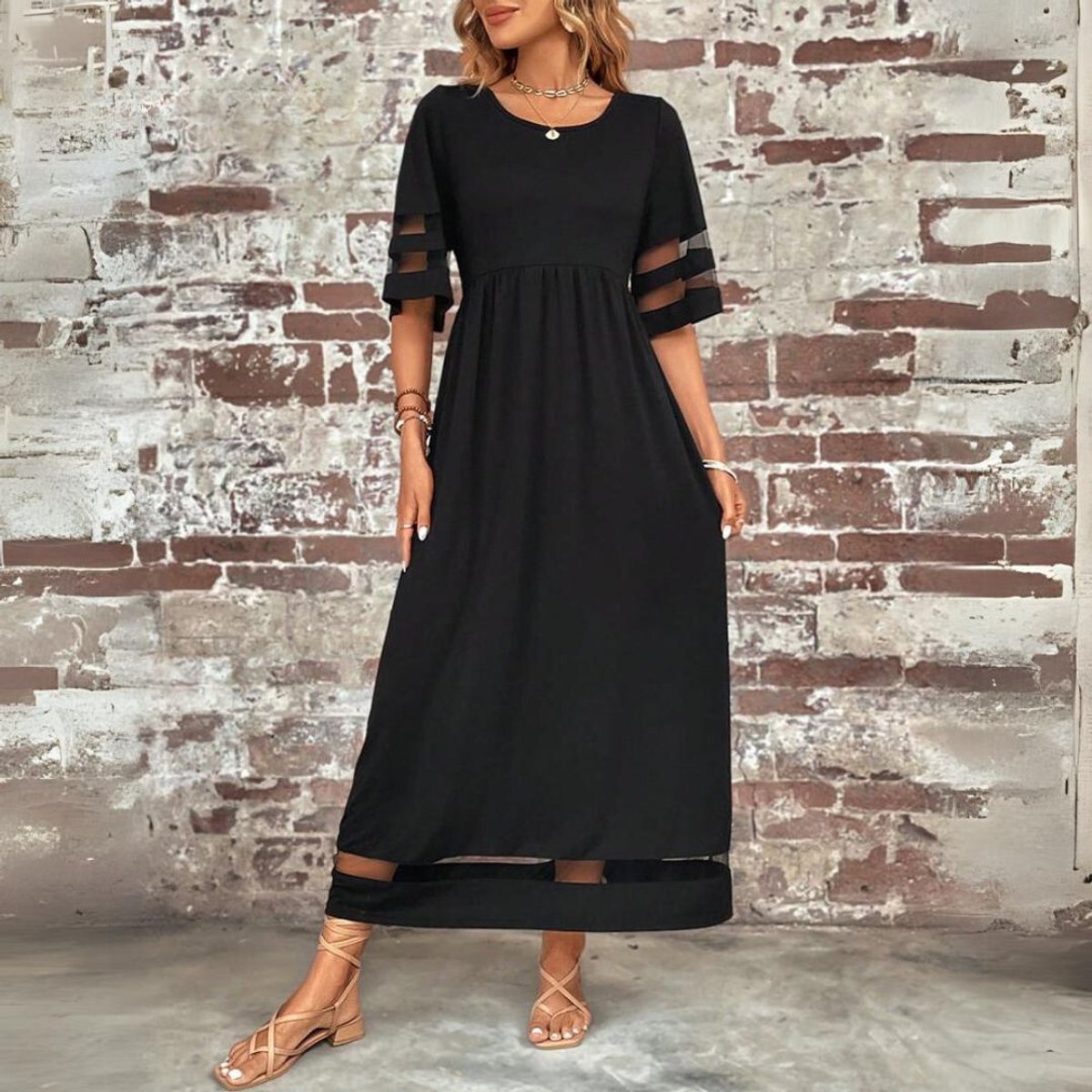 Layla | Women's Empire-Waist Mesh-Panel Elegant Dress Midi