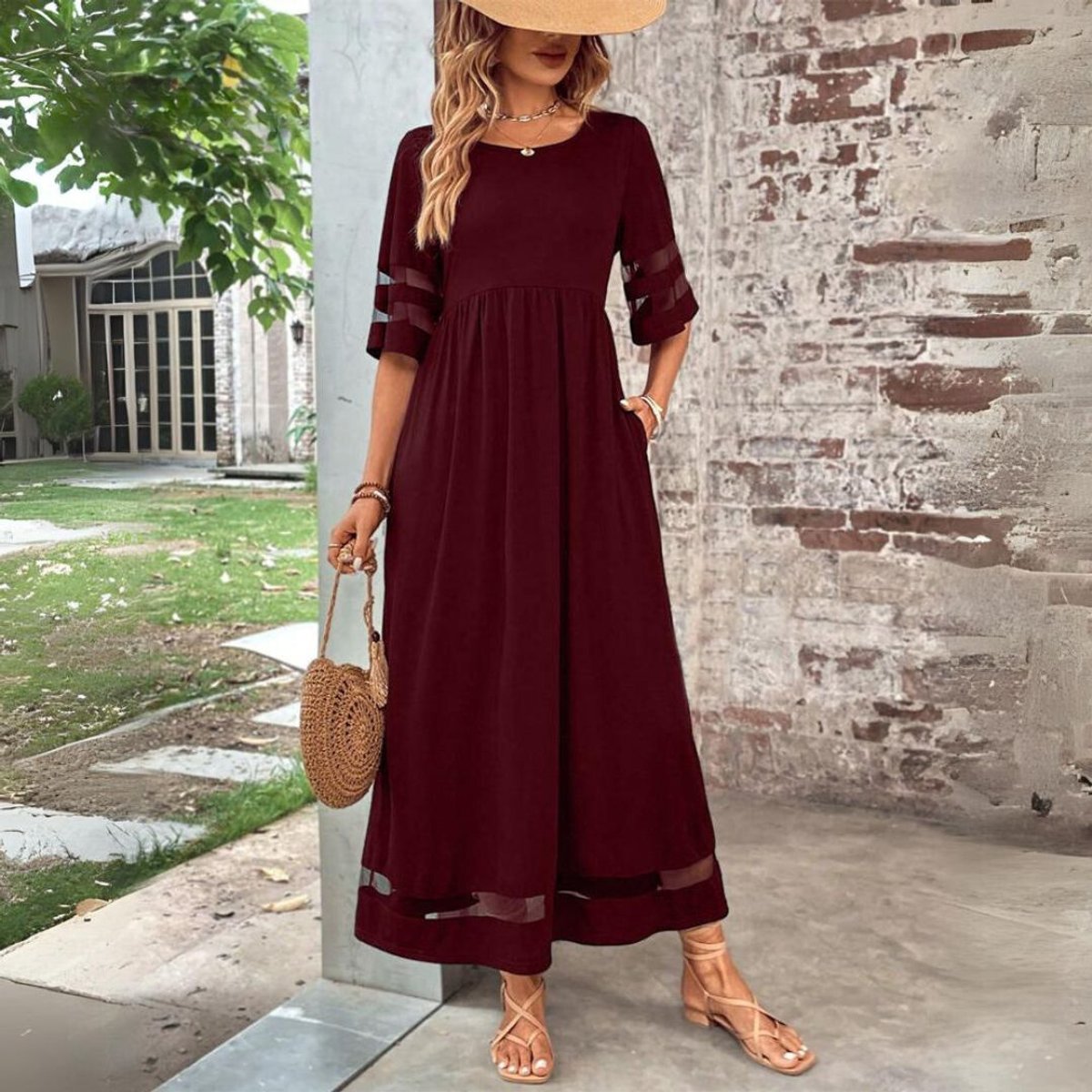 Layla | Women's Empire-Waist Mesh-Panel Elegant Dress Midi