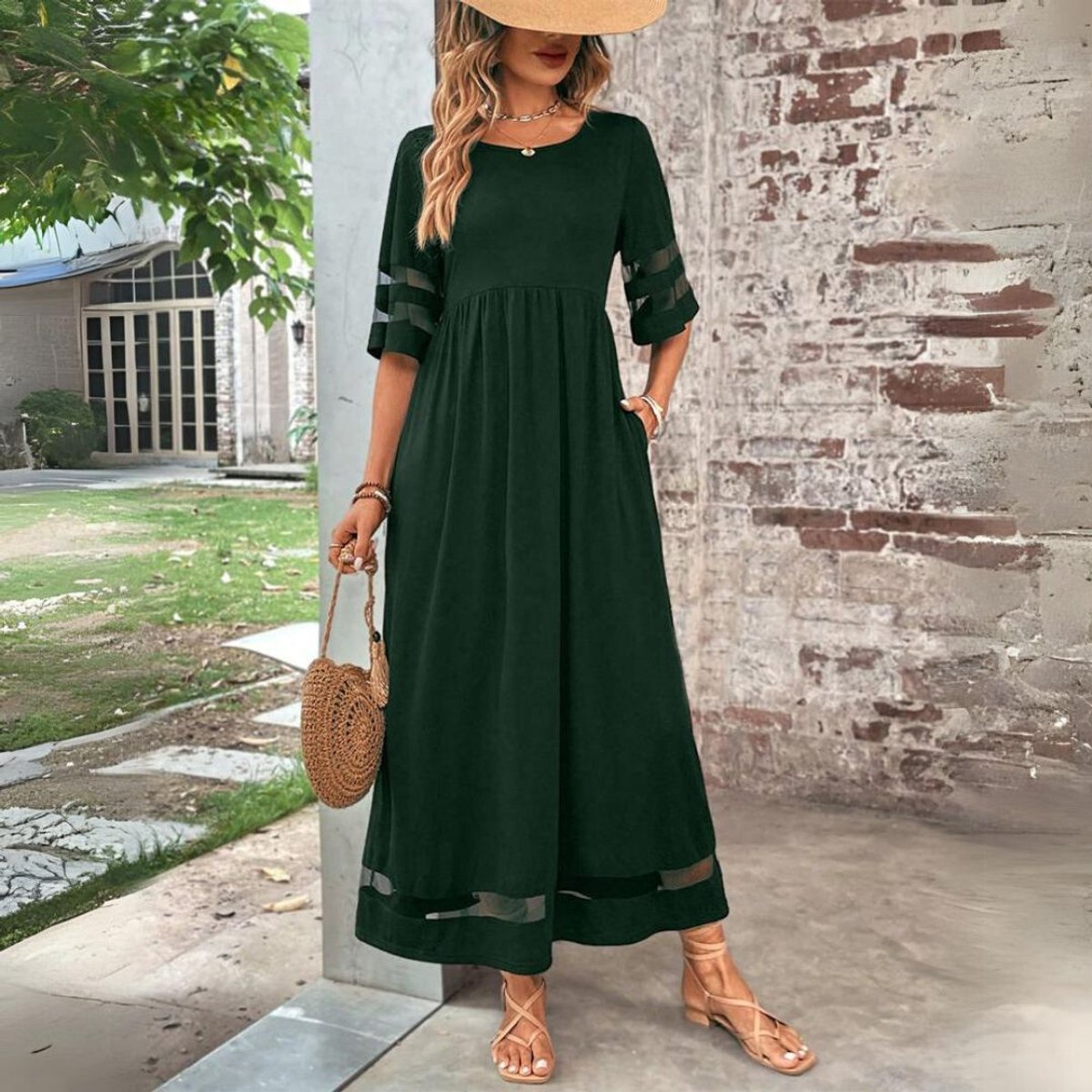 Layla | Women's Empire-Waist Mesh-Panel Elegant Dress Midi