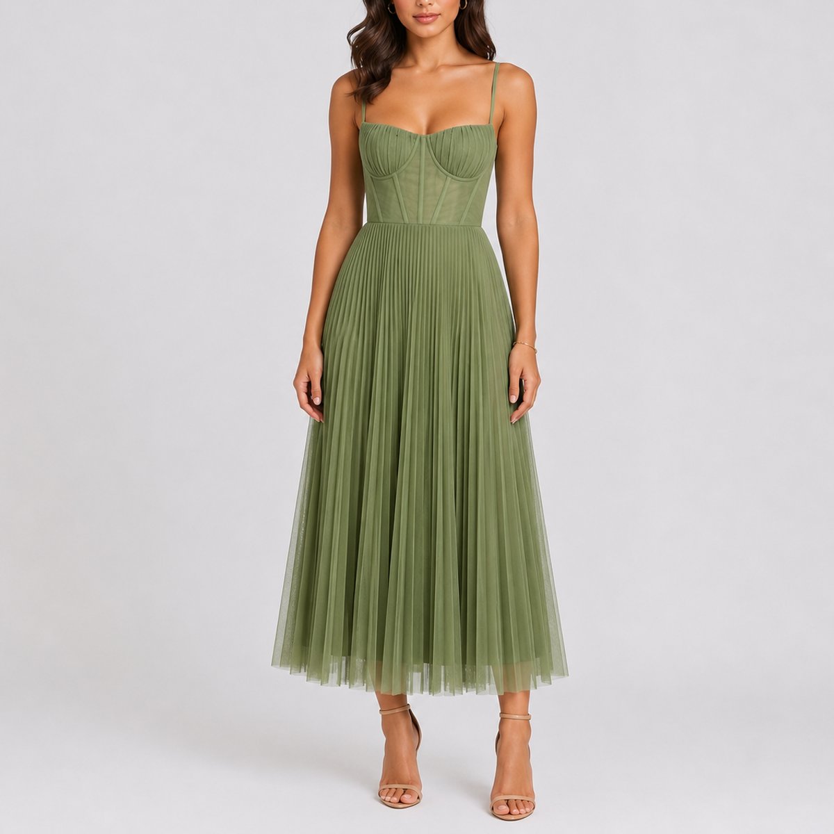 Penelope | Women's Fall Wedding Guest Pleated Tulle Midi Dress Bustier Bodice