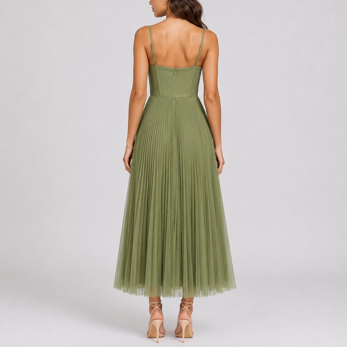 Penelope | Women's Fall Wedding Guest Pleated Tulle Midi Dress Bustier Bodice