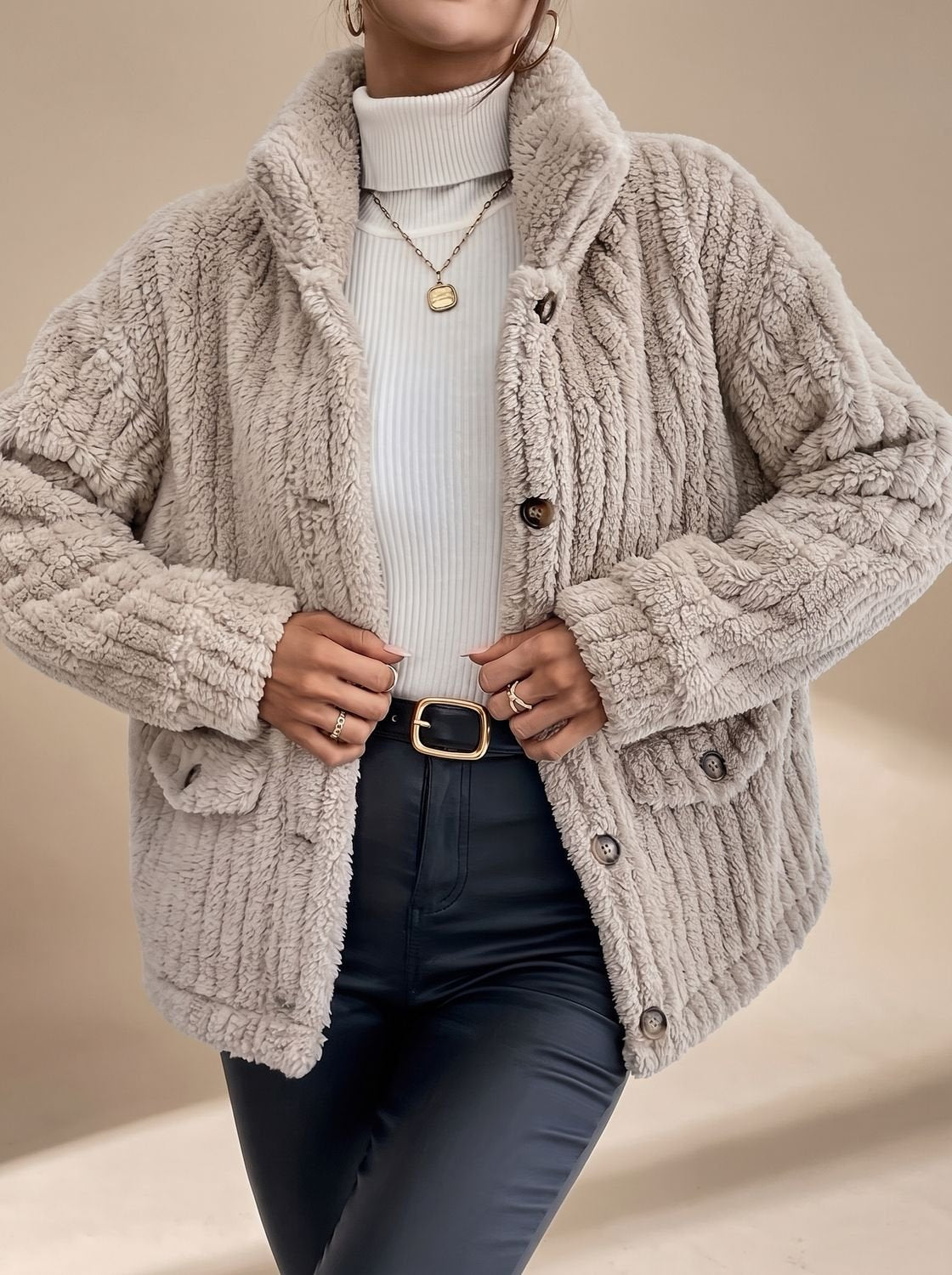 Victoria | Women's Faux Fur Coat Button-Front Teddy Fleece Jacket Pockets