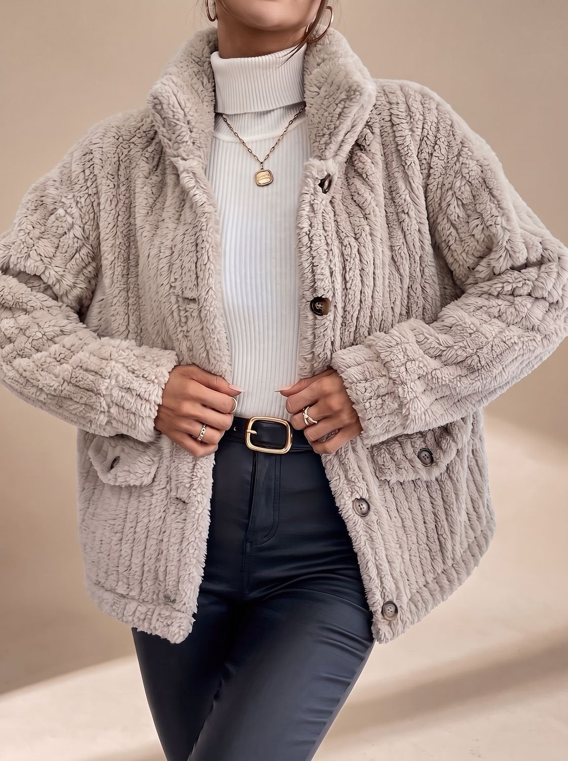 Victoria | Women's Faux Fur Coat Button-Front Teddy Fleece Jacket Pockets
