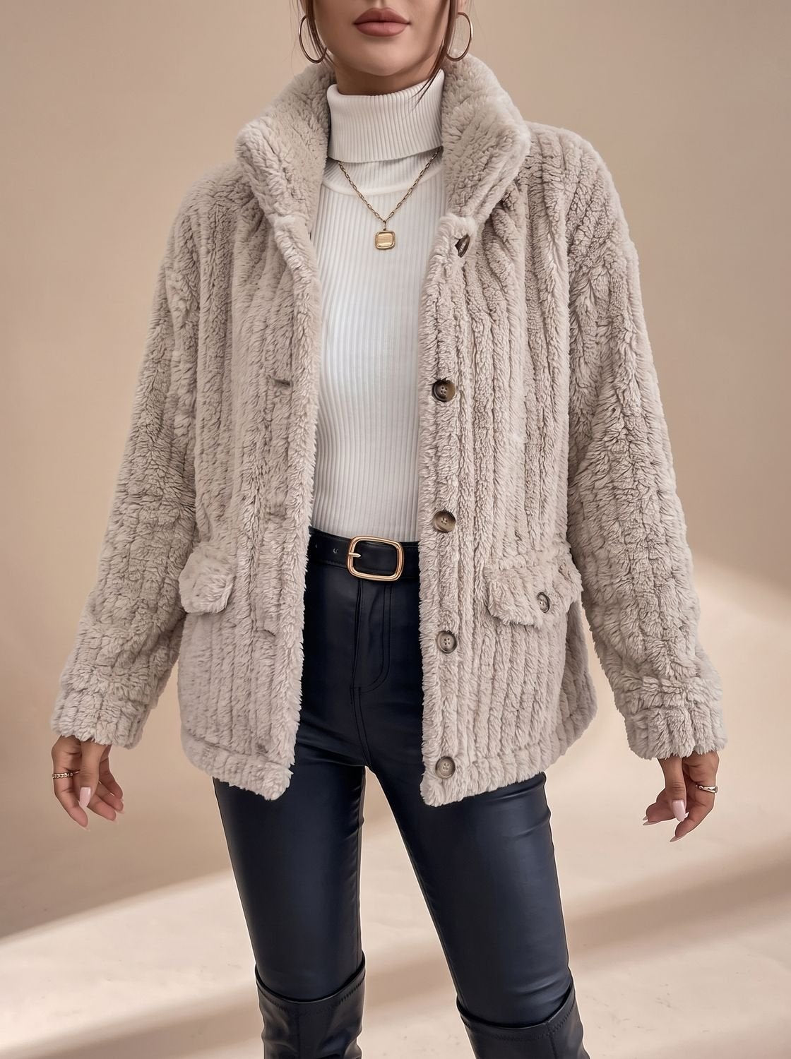 Victoria | Women's Faux Fur Coat Button-Front Teddy Fleece Jacket Pockets