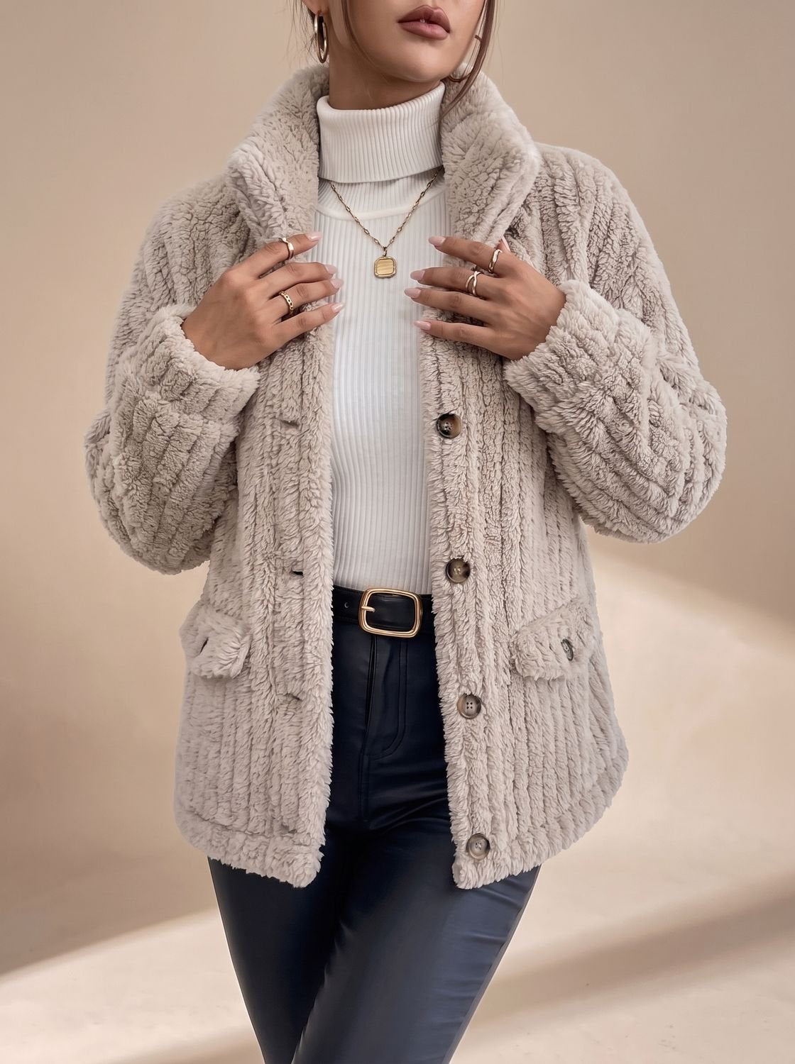 Victoria | Women's Faux Fur Coat Button-Front Teddy Fleece Jacket Pockets