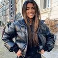 Mia | Women's Faux Leather Quilted Puffer Jacket Hooded Winter Coat