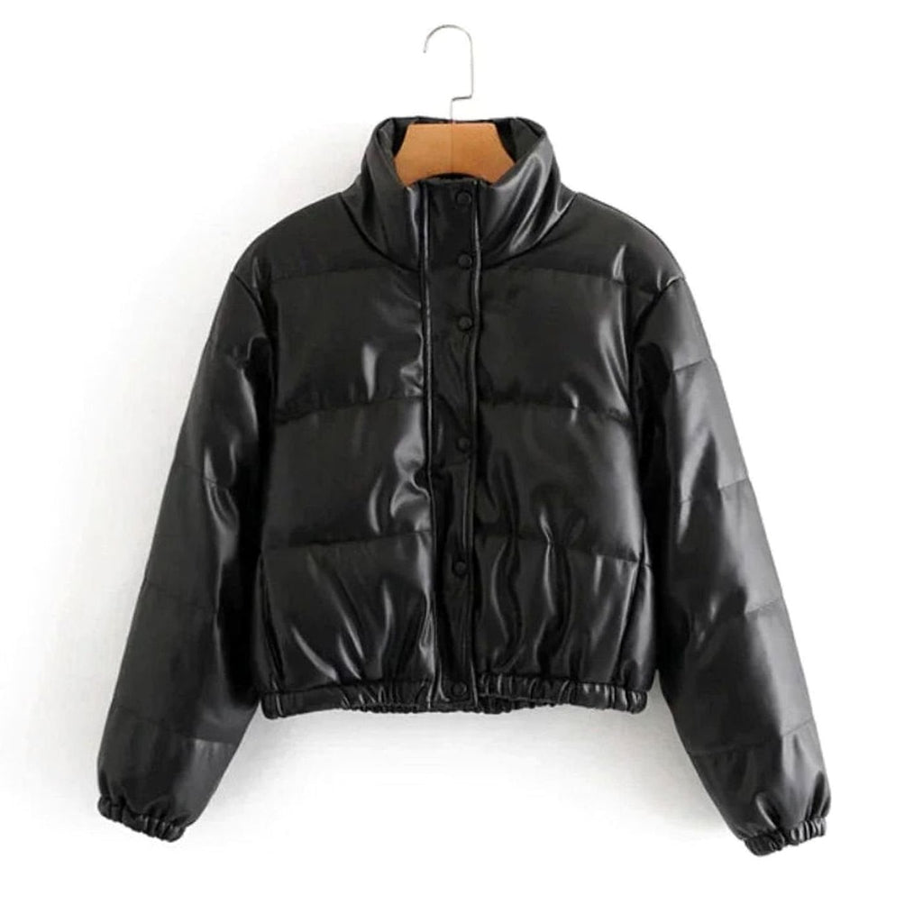 Mia | Women's Faux Leather Quilted Puffer Jacket Hooded Winter Coat