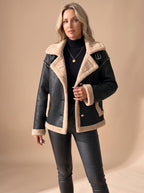 Victoria | Women's Faux Leather Sherpa-Lined Button-Front Aviator Jacket