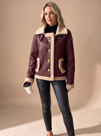 Victoria | Women's Faux Leather Sherpa-Lined Button-Front Aviator Jacket
