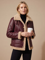 Victoria | Women's Faux Leather Sherpa-Lined Button-Front Aviator Jacket