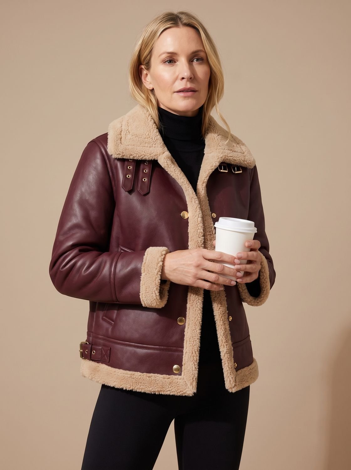 Victoria | Women's Faux Leather Sherpa-Lined Button-Front Aviator Jacket