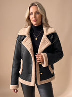 Victoria | Women's Faux Leather Sherpa-Lined Button-Front Aviator Jacket