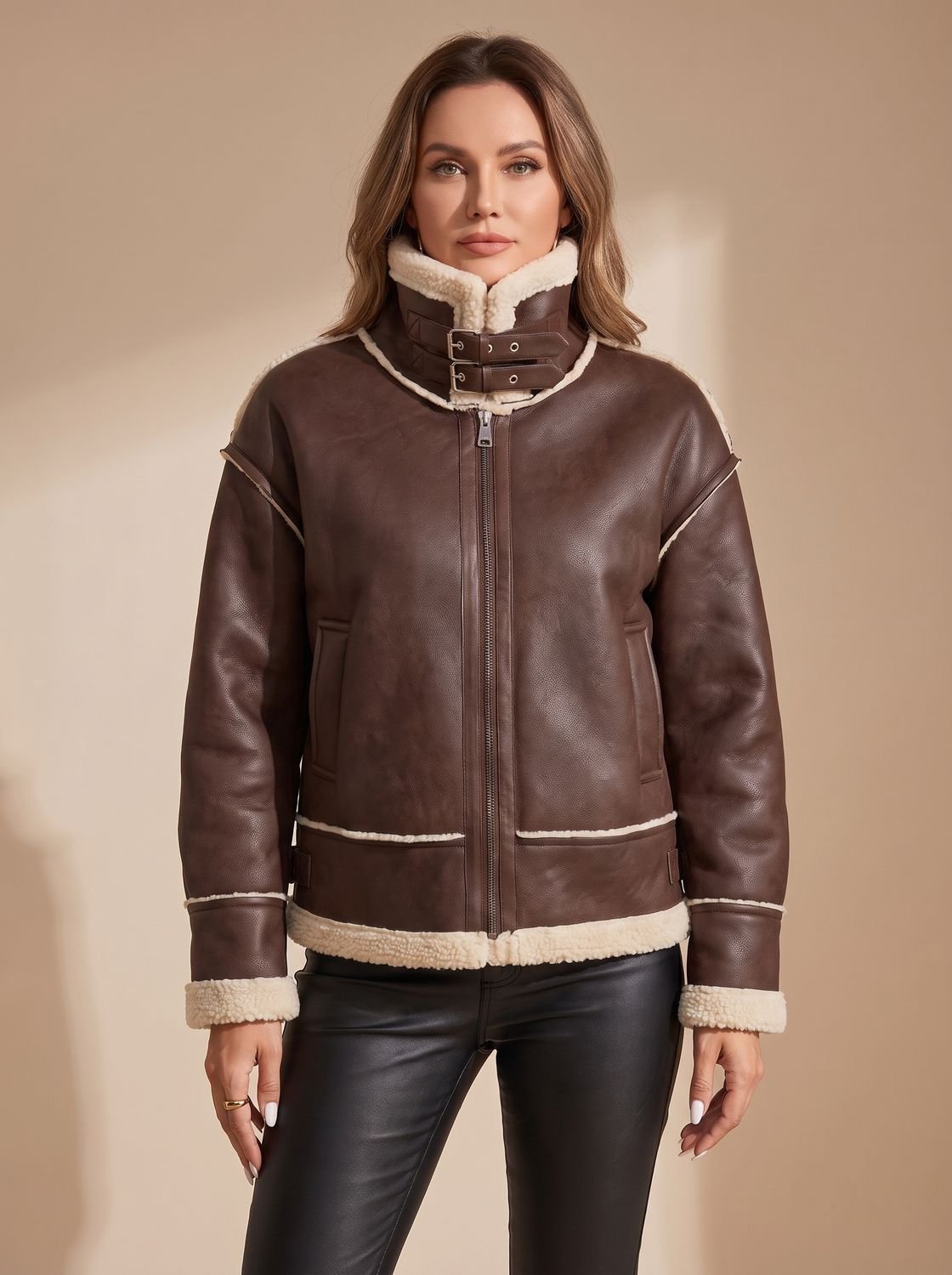 Victoria | Women's Faux Leather Sherpa-Lined Zip-Up Aviator Jacket