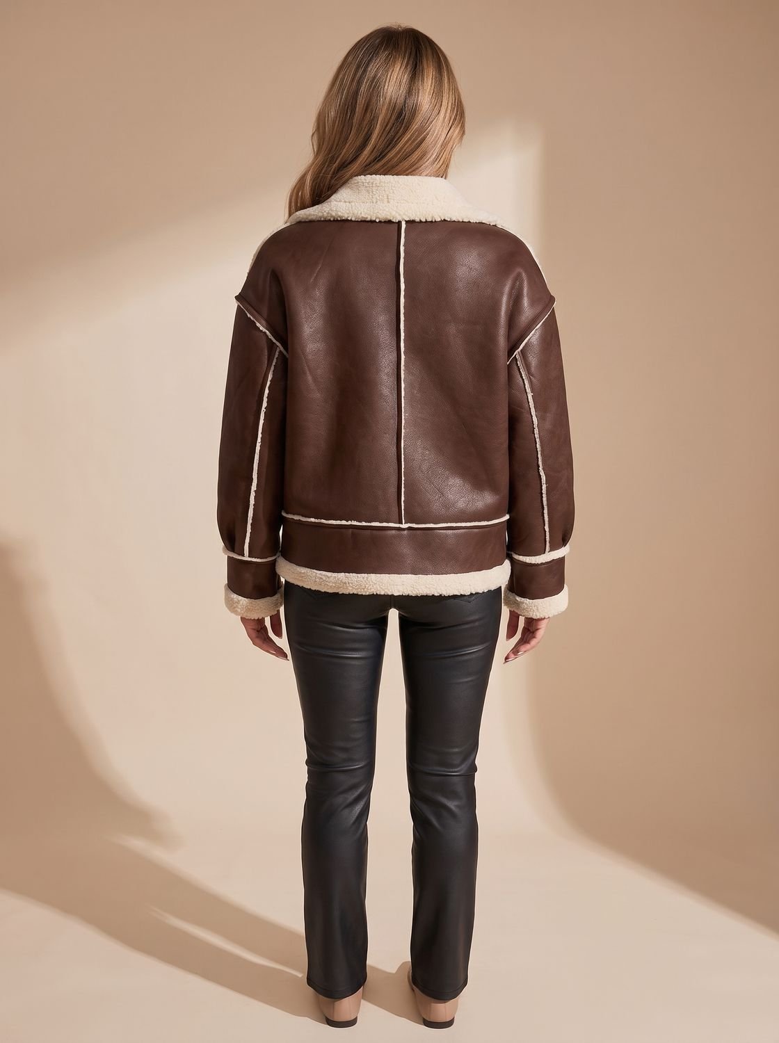 Victoria | Women's Faux Leather Sherpa-Lined Zip-Up Aviator Jacket