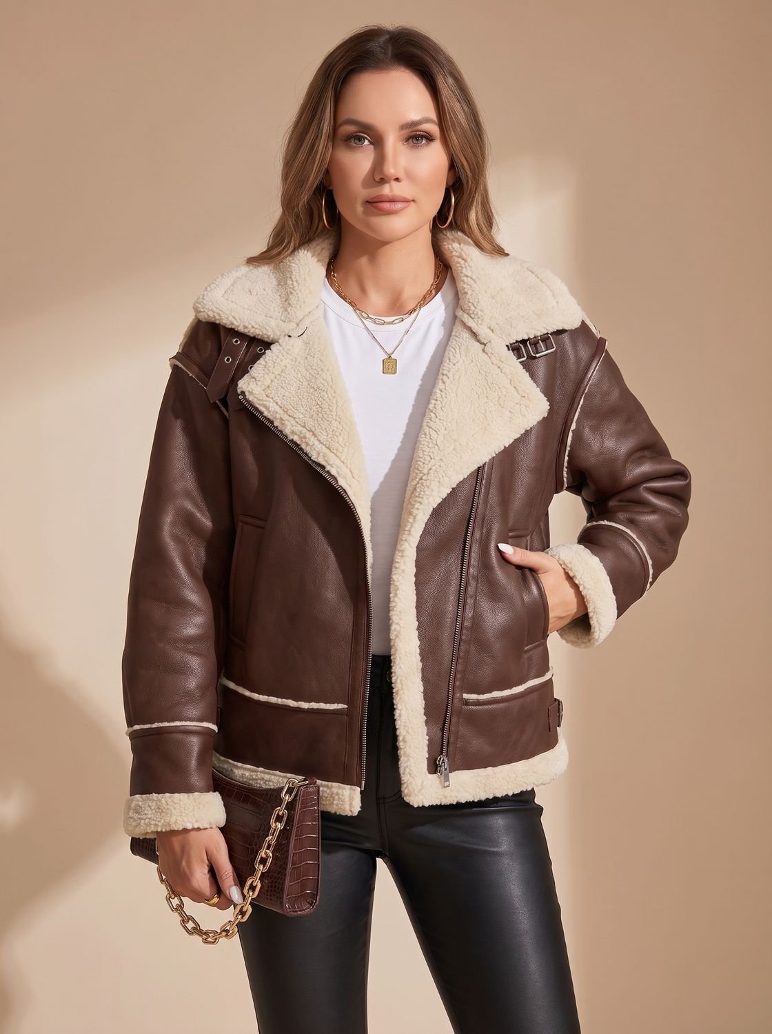 Victoria | Women's Faux Leather Sherpa-Lined Zip-Up Aviator Jacket
