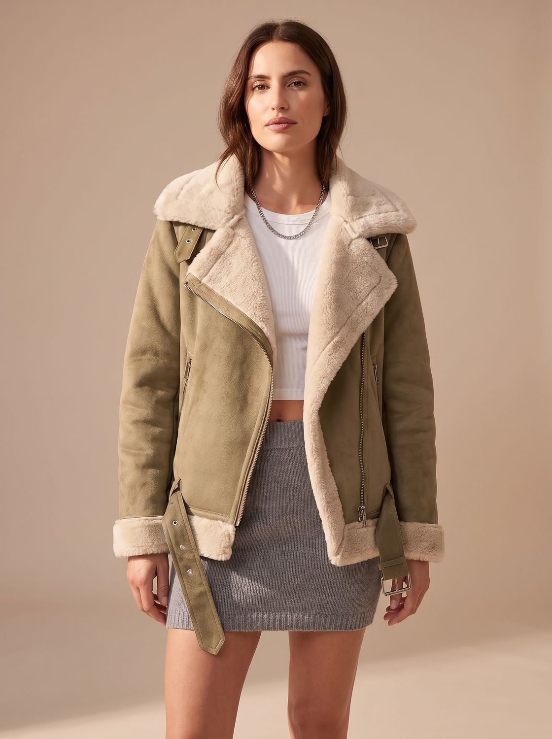 Harper | Women's Faux Shearling Aviator Jacket Belted Asymmetric-Zip