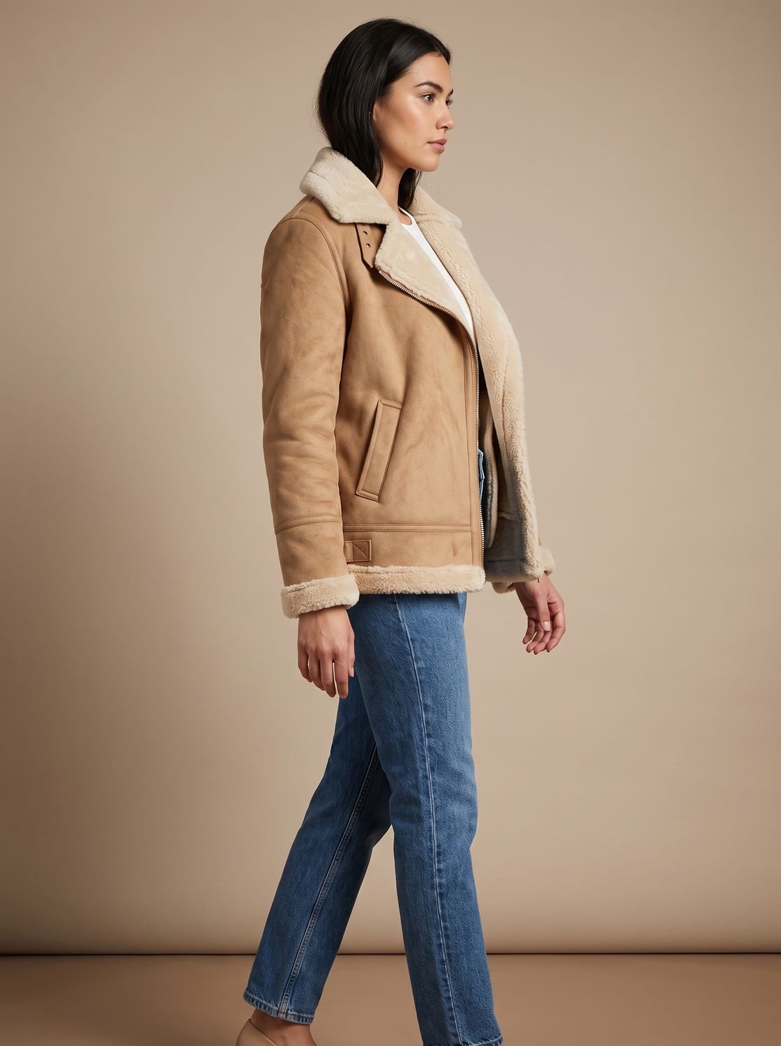 Harper | Women's Faux Shearling Aviator Jacket Belted Asymmetric-Zip